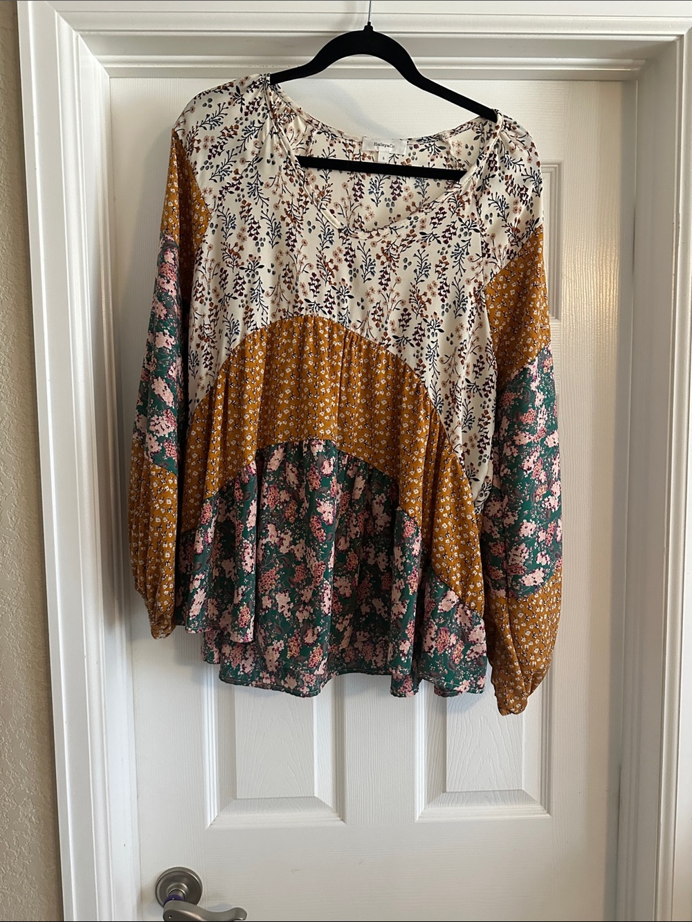 Mixed Floral Patchwork Peasant Blouse in Cream, Mustard & Green